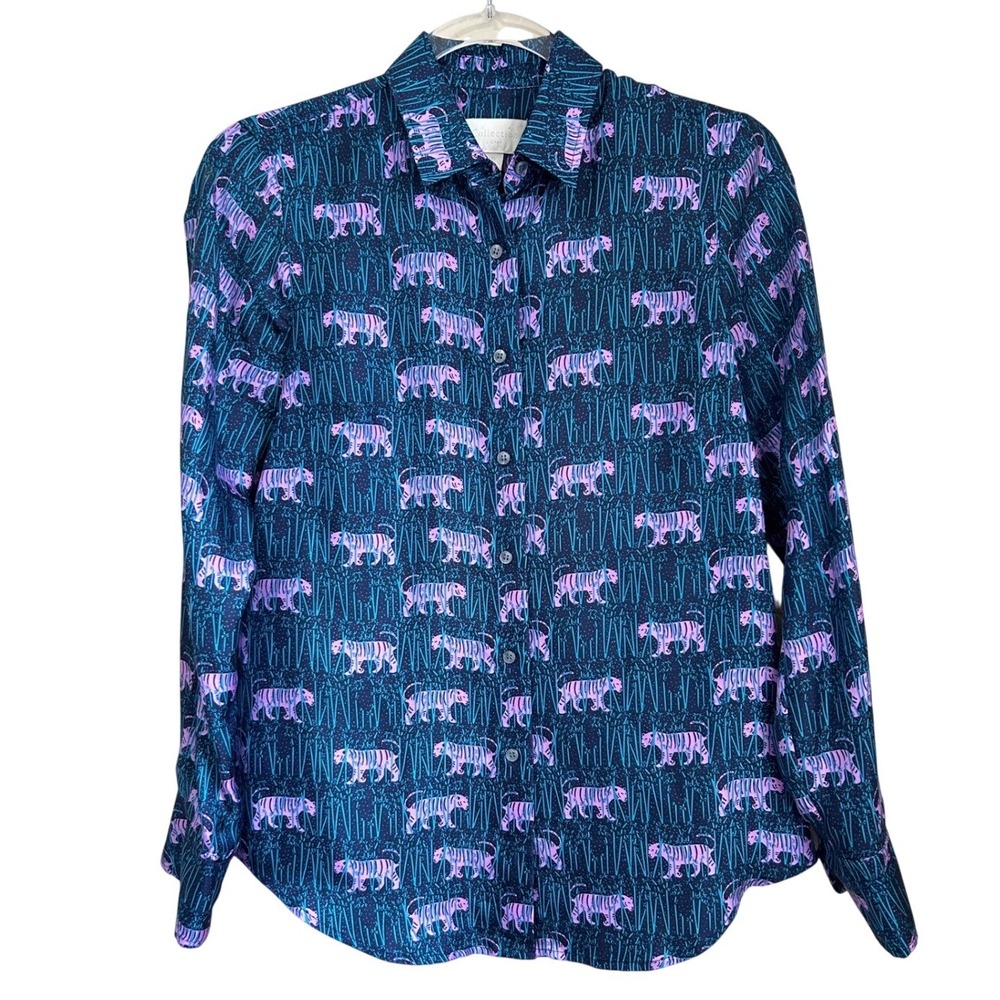 J.Crew Collection Silk Tiger Print Button Shirt Navy Pink Teal Size 0 Tropical